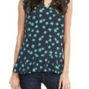 BR navy print top with v neck and ruffles